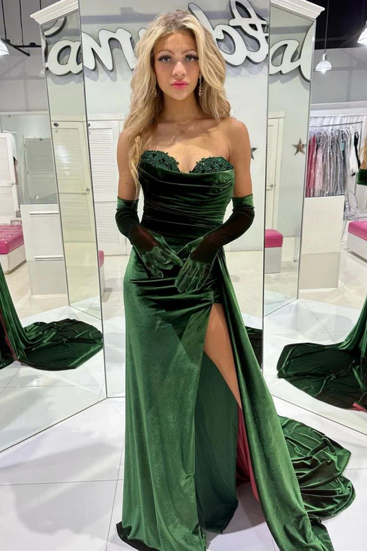 Mermaid Emerald Green Velvet Long Prom Dress with Train High Slit Formal Dress nv1382