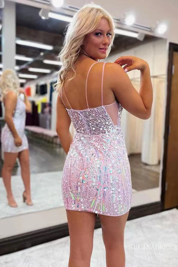 Glittery Sequins Deep V Neck Bodycon Homecoming Dresses,Short Prom Dress nv1251