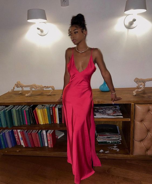 Hot pink satin long prom dress black girl evening dress nv1388
