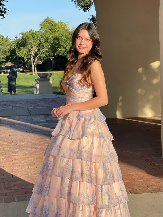 Charming Ball Gown Long Strapless Ruffles Floral Long Prom Dress nv139 ...