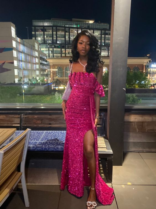 Hot Pink Sequin Prom Dresses Long Evening Dress nv1408