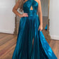 Peacock Blue Halter Neck A-Line Long Prom Dress With Split  nv1638