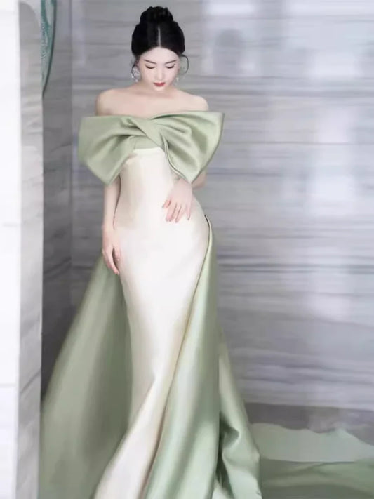 Robe de soirée longue en satin blanc à épaules dénudées et à manches courtes, avec nœud vert, style sirène, robe de soirée nv2529