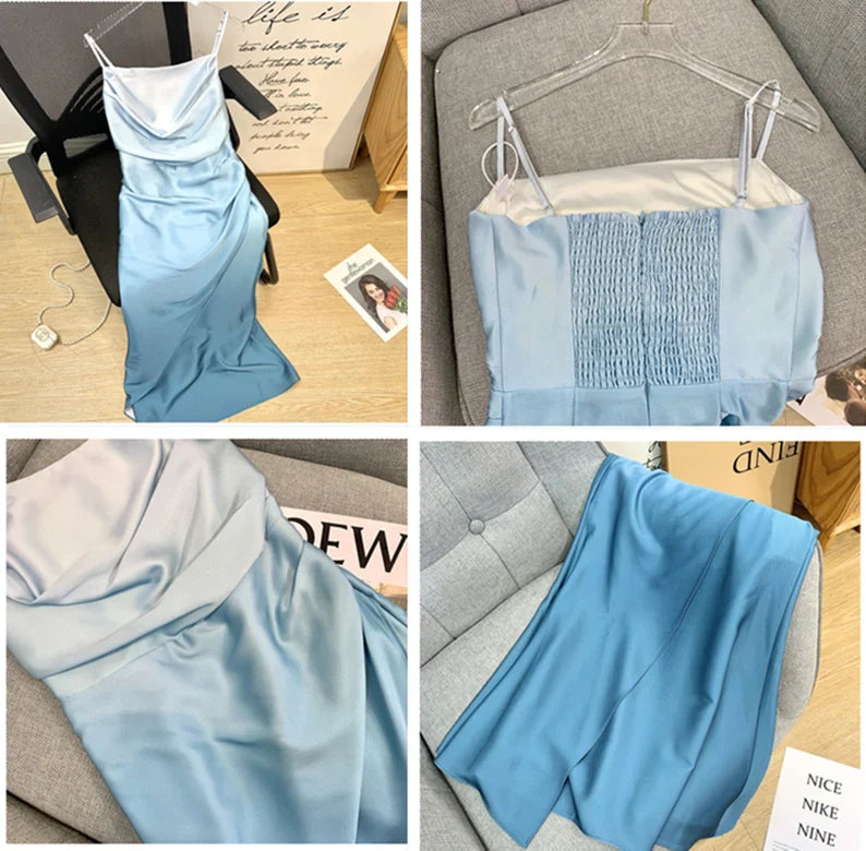 Blaues elegantes schmales Spaghettiträger-Schulterfreies langes Ballkleid Abendkleid Partykleid Geburtstagskleid nv2321