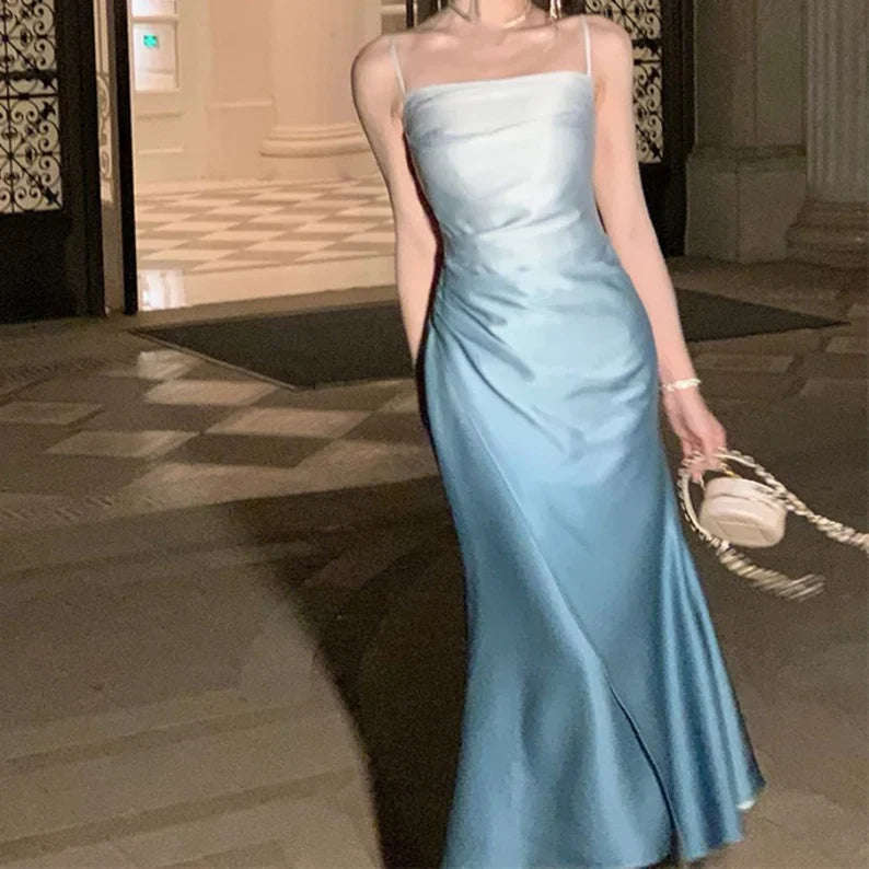 Blaues elegantes schmales Spaghettiträger-Schulterfreies langes Ballkleid Abendkleid Partykleid Geburtstagskleid nv2321