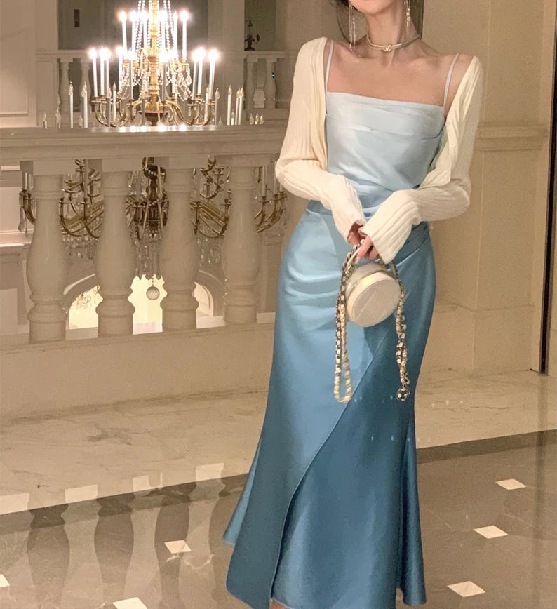 Blaues elegantes schmales Spaghettiträger-Schulterfreies langes Ballkleid Abendkleid Partykleid Geburtstagskleid nv2321