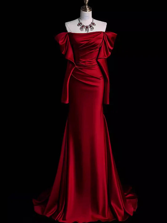 Robe de bal longue en satin bordeaux à épaules dénudées et sirène nv1552