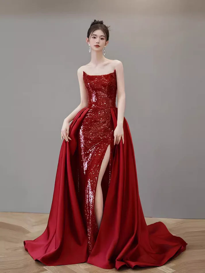 Robe de soirée sirène rouge à épaules dénudées et paillettes, ligne A, longue fente, robe de bal, robe de soirée nv2515