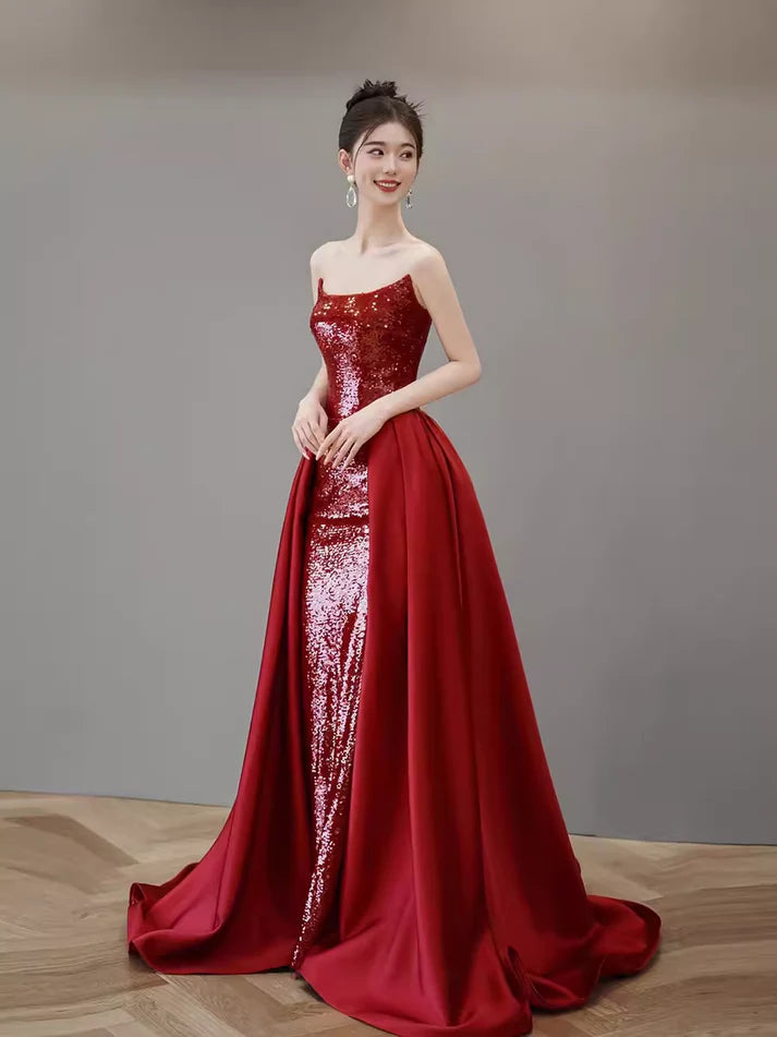 Robe de soirée sirène rouge à épaules dénudées et paillettes, ligne A, longue fente, robe de bal, robe de soirée nv2515