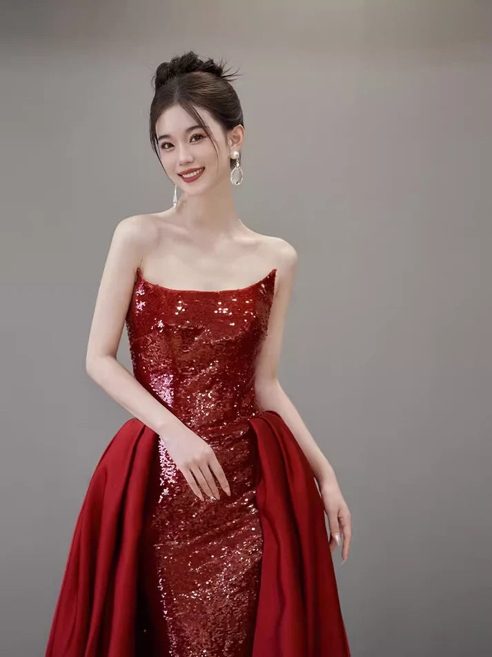 Robe de soirée sirène rouge à épaules dénudées et paillettes, ligne A, longue fente, robe de bal, robe de soirée nv2515