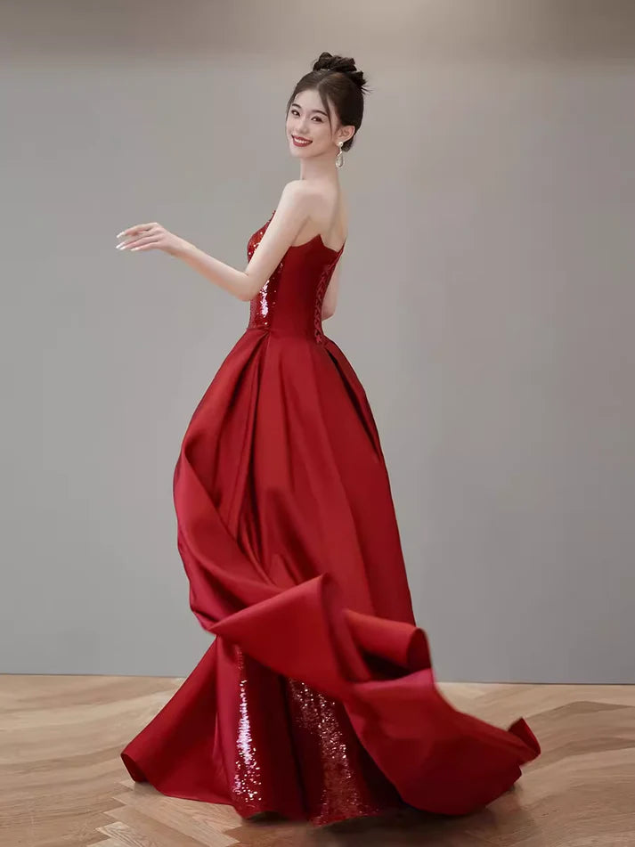 Robe de soirée sirène rouge à épaules dénudées et paillettes, ligne A, longue fente, robe de bal, robe de soirée nv2515