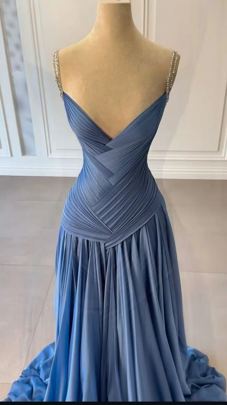 NiceVestidos-_ Evening Gown Blue Satin Floor-Length Evening Gown NV5951