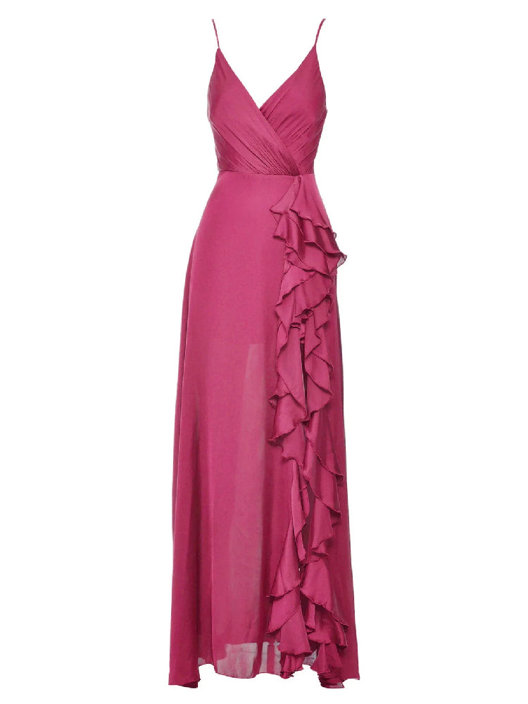 Irregular Ruffle Trim Split Cami Dress Rose red nv1339