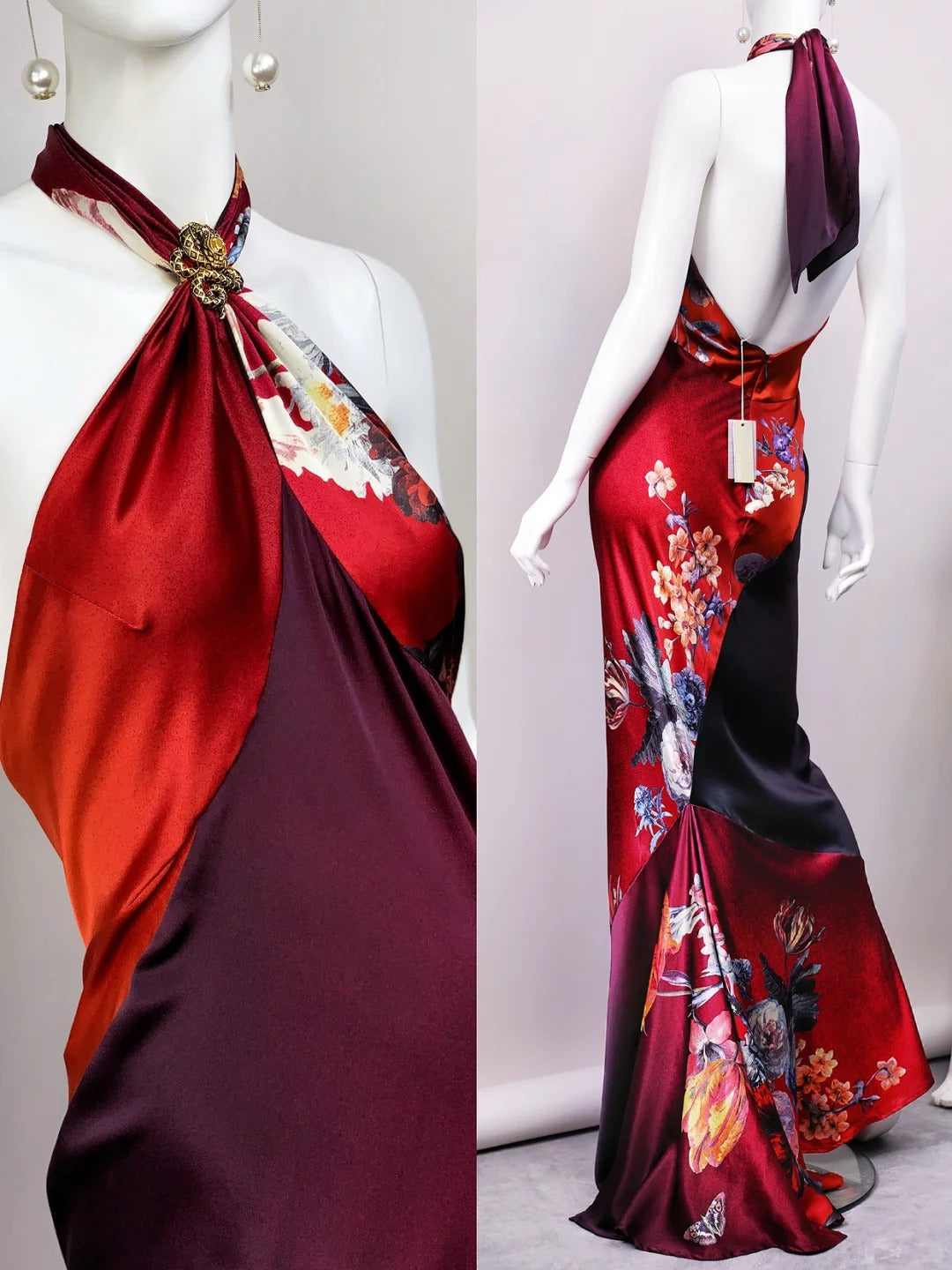 Robe de soirée longue en satin rouge à fleurs, charmante, nv5137