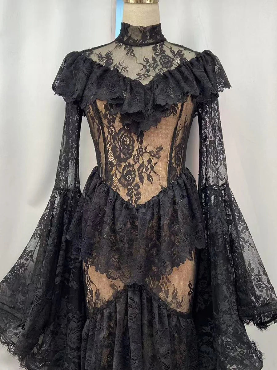 Gothic Dark Style Vintage Luxury Fairy Style High-Neck Bell-Sleeve Gown | Black/White Lace Sheer Multi-Layer Ruffled Maxi Dress for Wedding Retro Theme Party Luxury Dinner NV6284