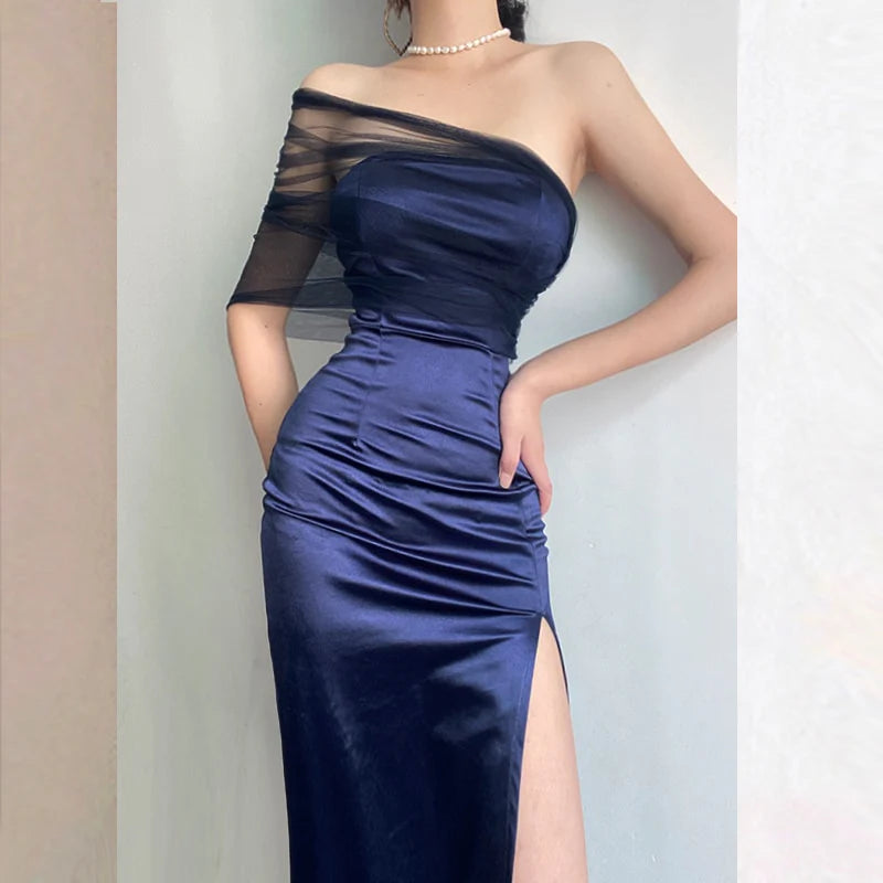 Blaues, modisches, einzigartiges, langes Abendkleid aus Tüll aus Satin, sexy, hochgeschlitzter, schmaler Midirock, Ballkleid, Abendkleid, Partykleid, nv3437