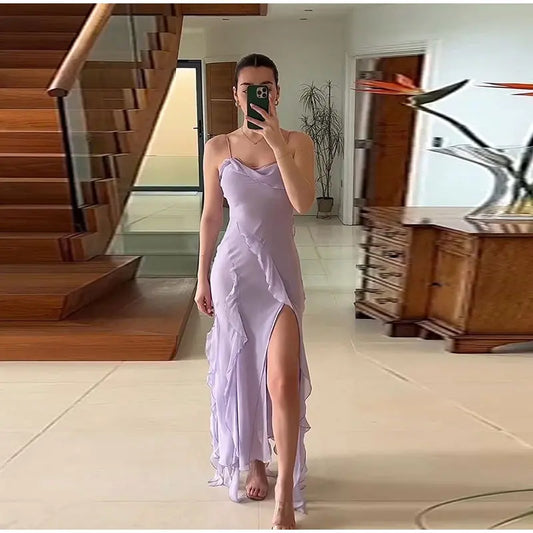 Rosa Spaghettiträger Chiffon Rüschen Abendkleid Ballkleid nv1764