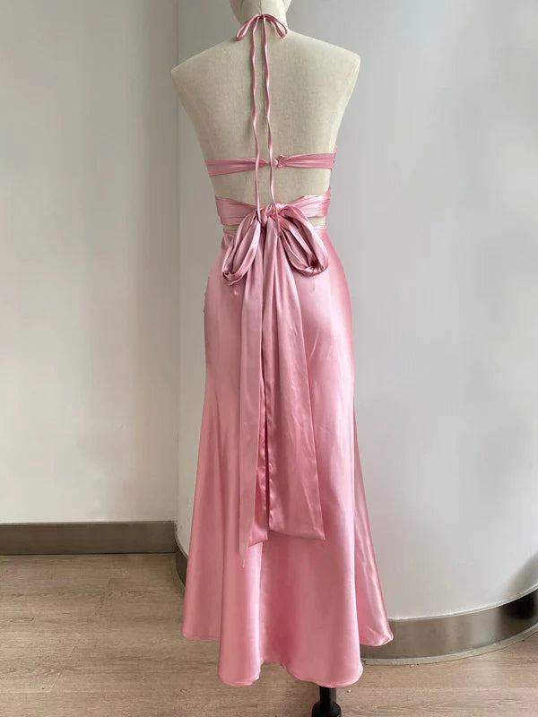 Robe de soirée longue rose élégante avec nœud et dos nu, tenue de fête d'anniversaire, nv1648