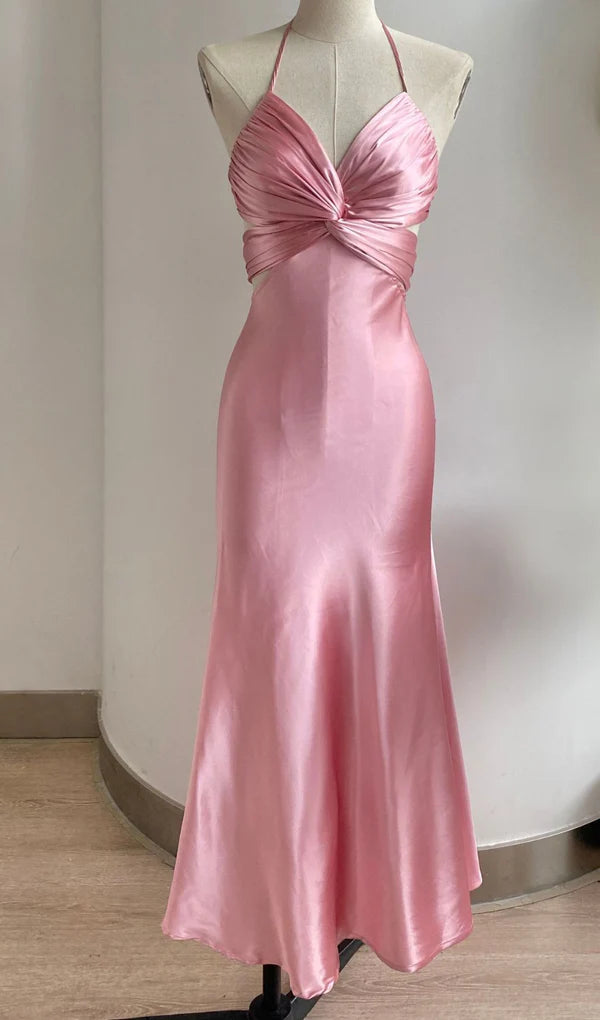 Robe de soirée longue rose élégante avec nœud et dos nu, tenue de fête d'anniversaire, nv1648
