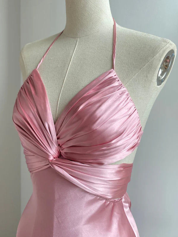 Robe de soirée longue rose élégante avec nœud et dos nu, tenue de fête d'anniversaire, nv1648