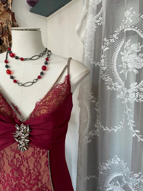 Red Retro Fashion Sexy Spaghetti Straps Exquisite Lace Mermaid Slim Prom Dress Long Party Dress Prom Dress Evening Gown nv3853