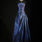 Robe de bal élégante en satin bleu marine, vintage, élégante, à épaules dénudées, longue, à perles, nv3769