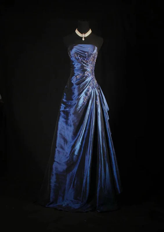 Robe de bal élégante en satin bleu marine, vintage, élégante, à épaules dénudées, longue, à perles, nv3769