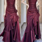 Burgundy Shiny Fashion Spaghetti Strap Long satin Ball Gown Evening Dress Party Dress nv3580