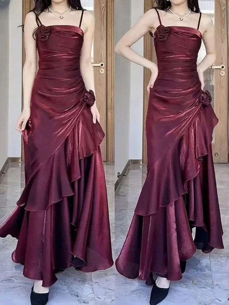 Burgundy Shiny Fashion Spaghetti Strap Long satin Ball Gown Evening Dress Party Dress nv3580