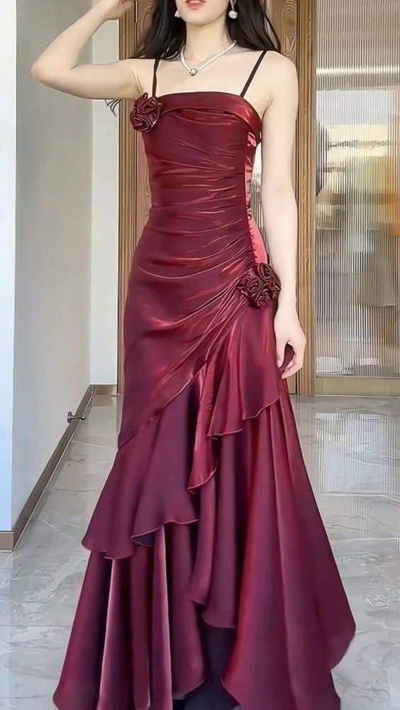 Burgundy Shiny Fashion Spaghetti Strap Long satin Ball Gown Evening Dress Party Dress nv3580