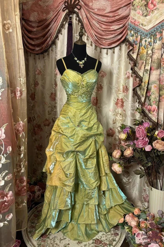 Green Sparkling Vintage Ball Gown Strapless Satin Long Party Dress Prom Dress nv3768