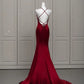 Burgundy Sexy Exquisite Beaded Mermaid Spaghetti Strap Floor Length Satin Backless Ball Gown Evening Gown Party Dress nv3601