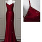 Burgundy Sexy Exquisite Beaded Mermaid Spaghetti Strap Floor Length Satin Backless Ball Gown Evening Gown Party Dress nv3601