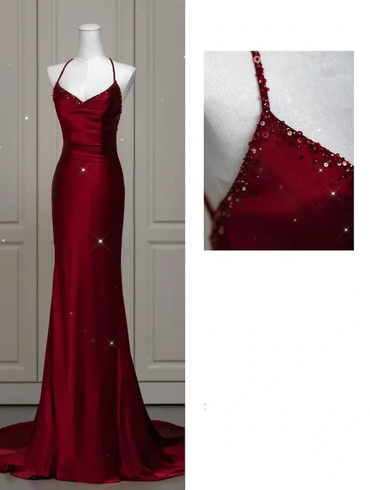 Burgundy Sexy Exquisite Beaded Mermaid Spaghetti Strap Floor Length Satin Backless Ball Gown Evening Gown Party Dress nv3601