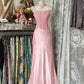NiceVestidos-Long Pink Retro Fashion Mermaid Strap Floor Length Lace Satin Evening Gown Ball Gown Nv5641