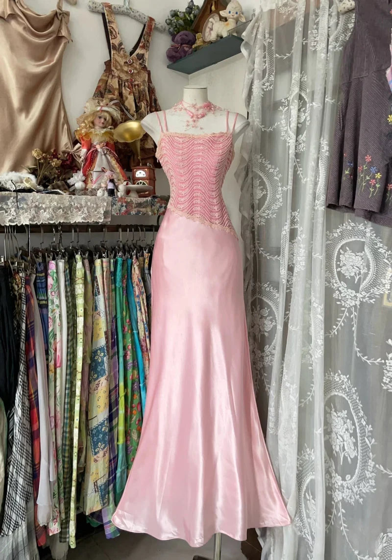 NiceVestidos-Long Pink Retro Fashion Mermaid Strap Floor Length Lace Satin Evening Gown Ball Gown Nv5641