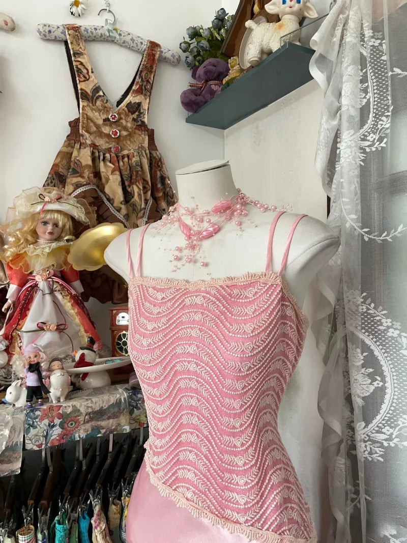 NiceVestidos-Long Pink Retro Fashion Mermaid Strap Floor Length Lace Satin Evening Gown Ball Gown Nv5641