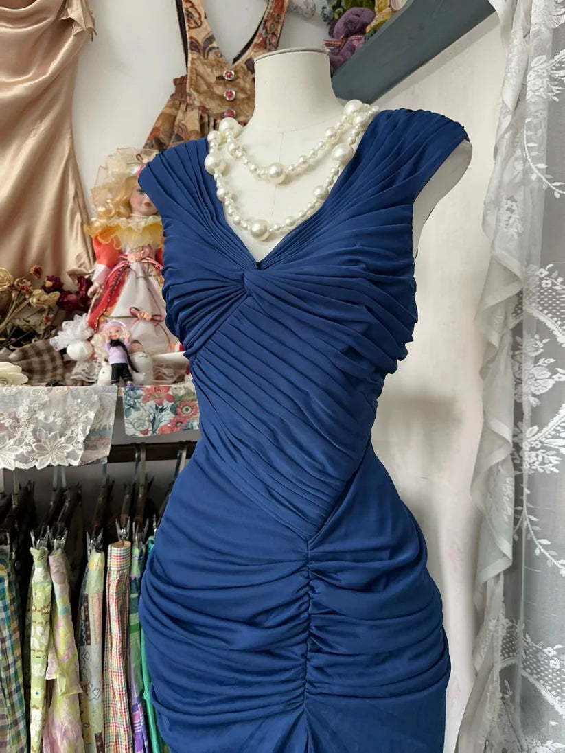 Robe de soirée sirène bleu marine vintage à col en V et longueur au sol, robe de bal, robe de soirée nv4293