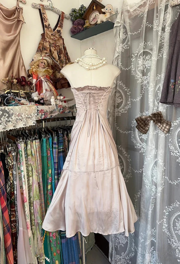 NiceVestidos – Rosa Satin, schlichtes Retro-Mode-Meerjungfrauenkleid, schulterfrei, kurzes Geburtstagskleid, Cocktailkleid, Heimkehrkleid, NV5699
