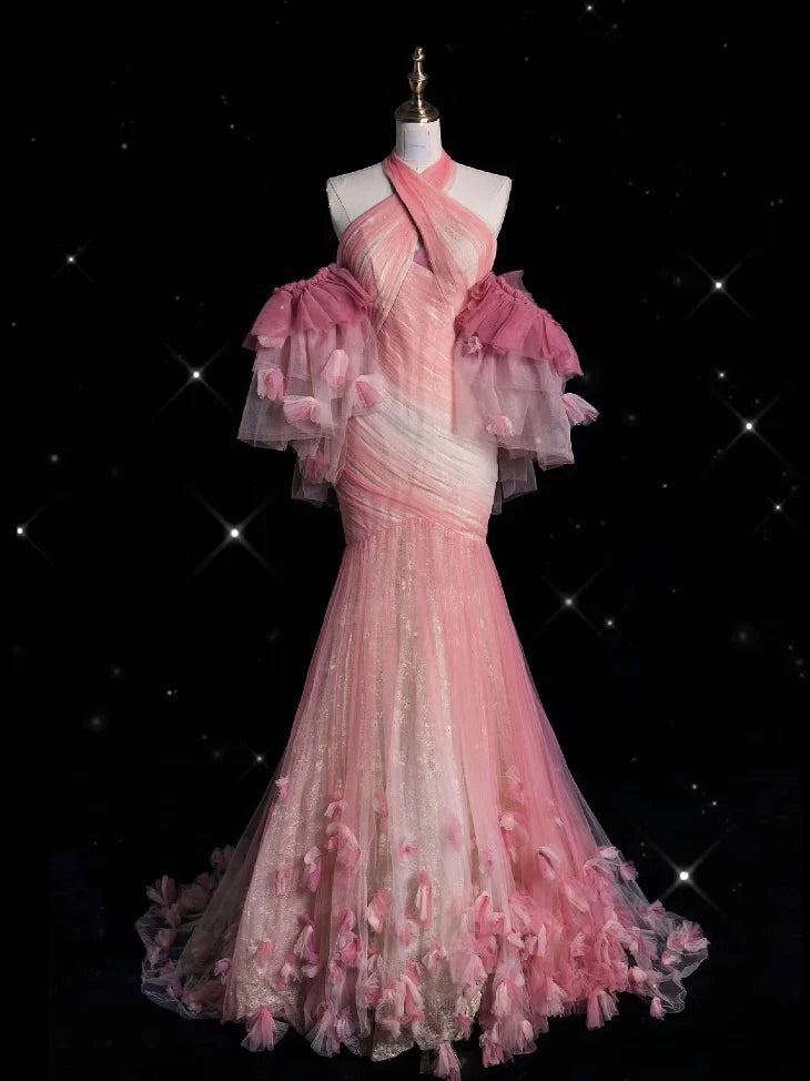 Robe de soirée longue en tulle rose, style rétro, élégante, style sirène, à bretelles, longueur au sol, style sirène, nv3829