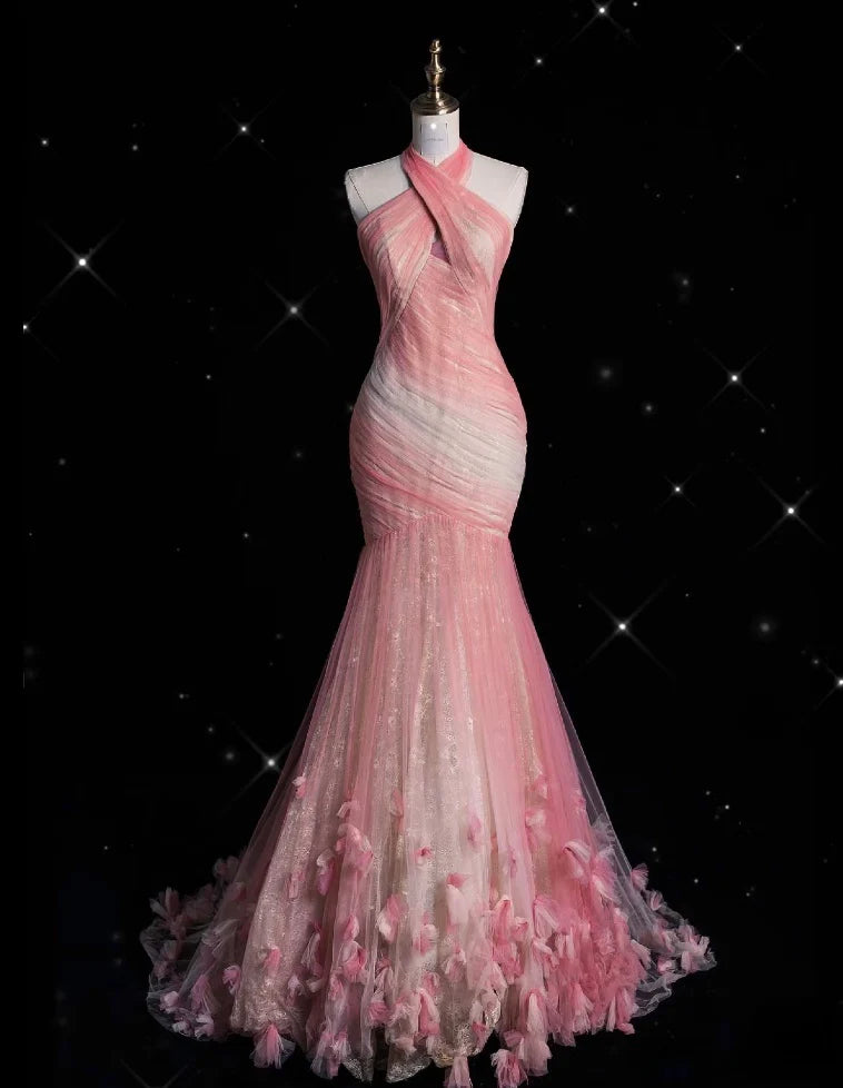 Robe de soirée longue en tulle rose, style rétro, élégante, style sirène, à bretelles, longueur au sol, style sirène, nv3829