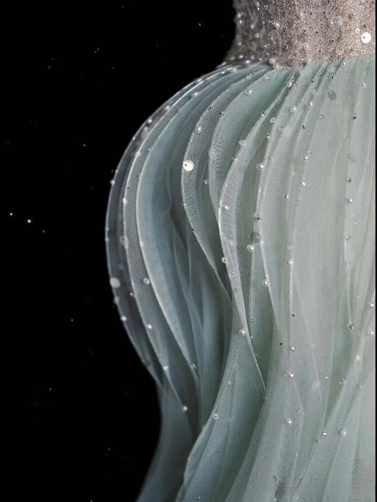 Green gorgeous elegant vintage fashion exquisite beading A-line sweetheart tulle floor length formal evening gown ball gown nv3858