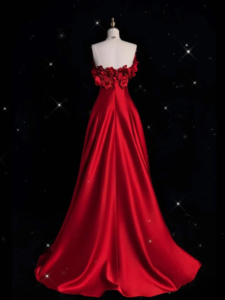 Robe de soirée longue rouge en satin, coupe trapèze, sans bretelles, nv4234