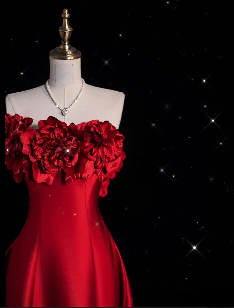 Robe de soirée longue rouge en satin, coupe trapèze, sans bretelles, nv4234