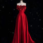 Robe de soirée longue rouge en satin, coupe trapèze, sans bretelles, nv4234