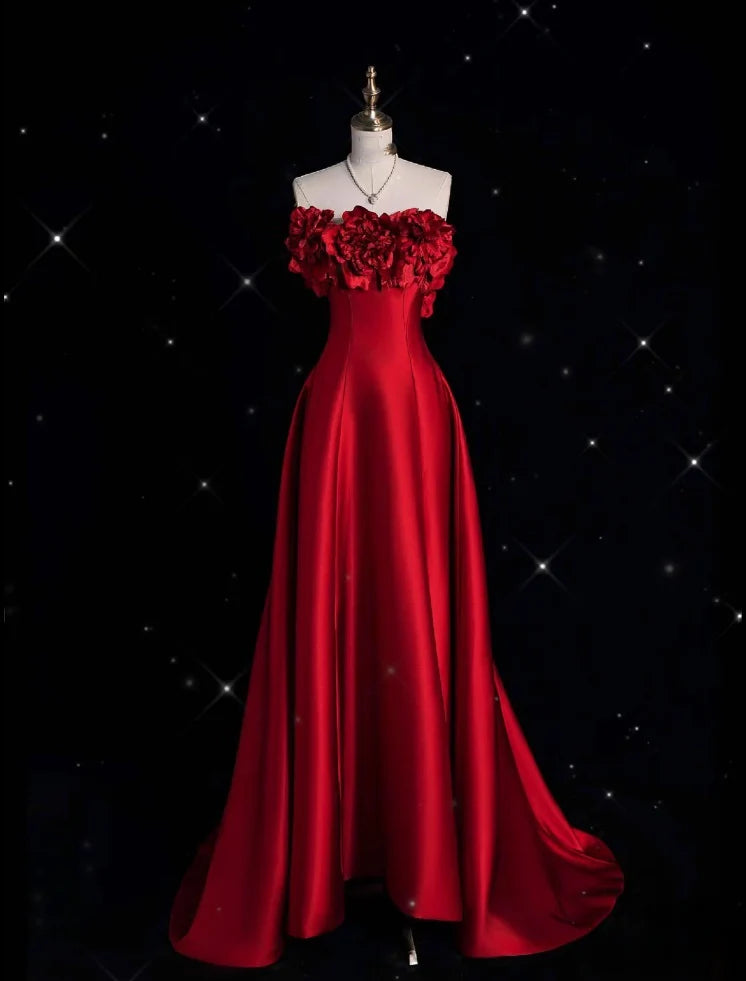 Robe de soirée longue rouge en satin, coupe trapèze, sans bretelles, nv4234