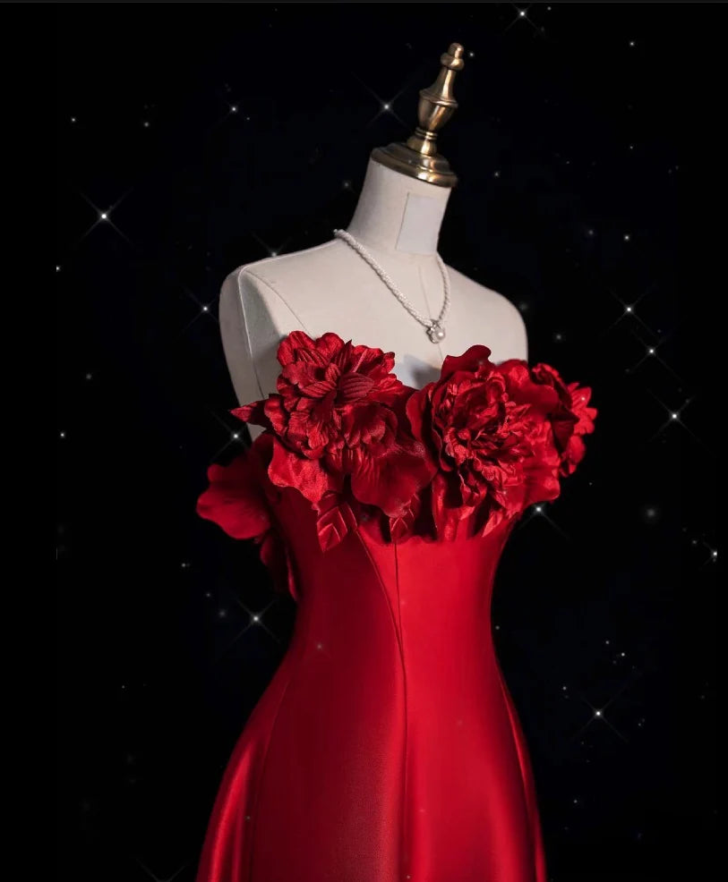 Robe de soirée longue rouge en satin, coupe trapèze, sans bretelles, nv4234