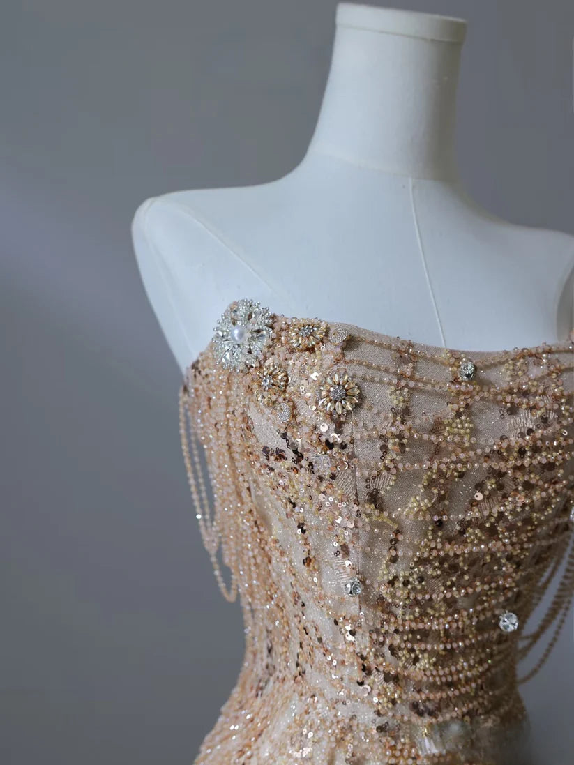 Golden gorgeous shiny exquisite beaded long tulle beautiful mermaid slim off shoulder sequin ball gown formal evening gown prom dress nv3854