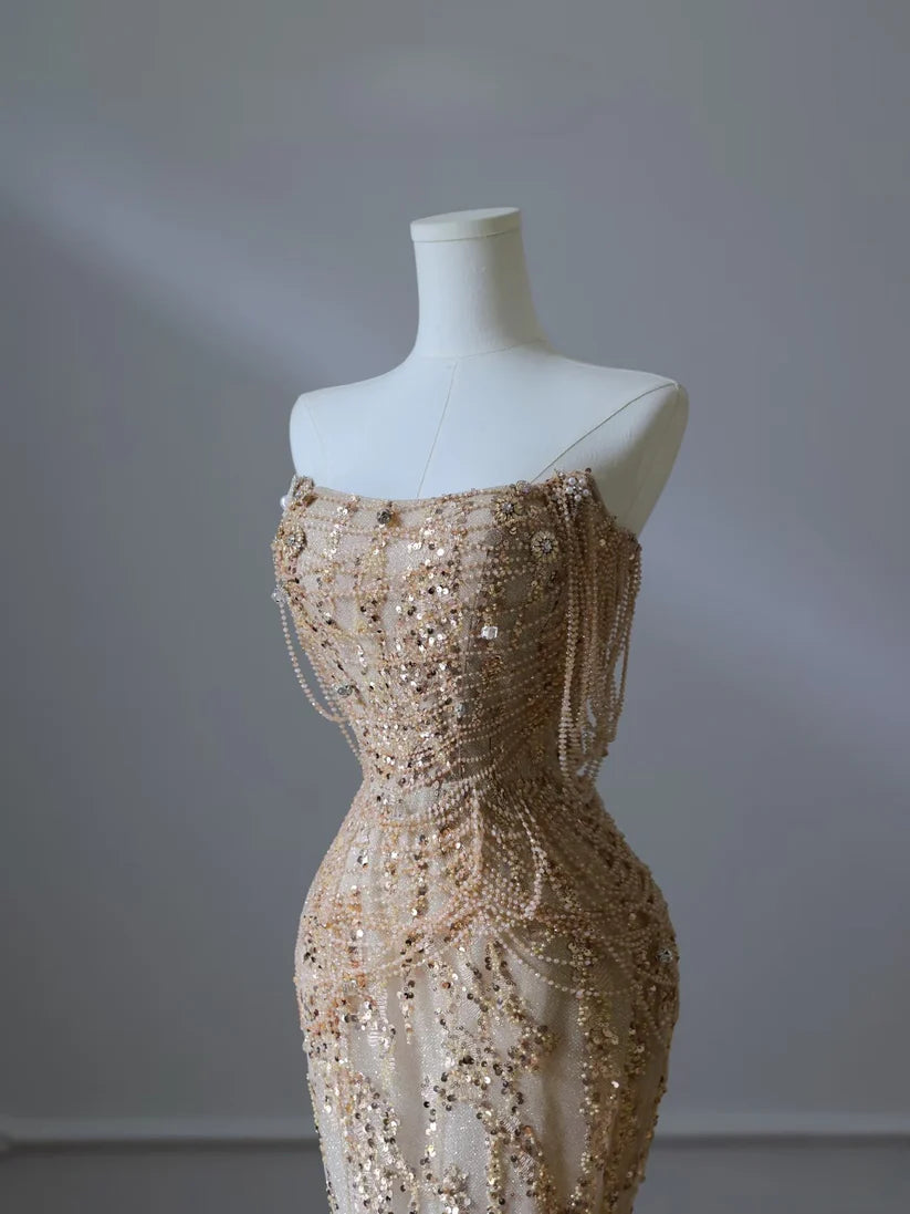 Golden gorgeous shiny exquisite beaded long tulle beautiful mermaid slim off shoulder sequin ball gown formal evening gown prom dress nv3854