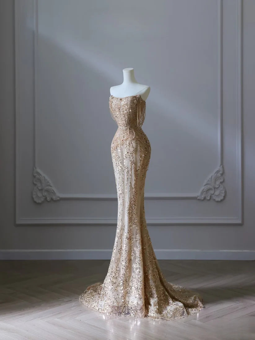 Golden gorgeous shiny exquisite beaded long tulle beautiful mermaid slim off shoulder sequin ball gown formal evening gown prom dress nv3854